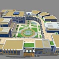 Cartoon Scene of Round Building Complex With Central Green Courtyard and Multi story Blue Windows