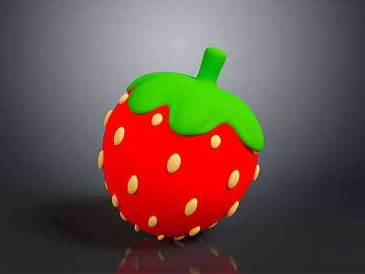 3D Red Strawberry With Green Leaves And Yellow Seeds On Gray Background 3d model