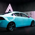 Blue Sedan With Modern Design Shiny Body And Sporty Wheels In Neon Lights Background