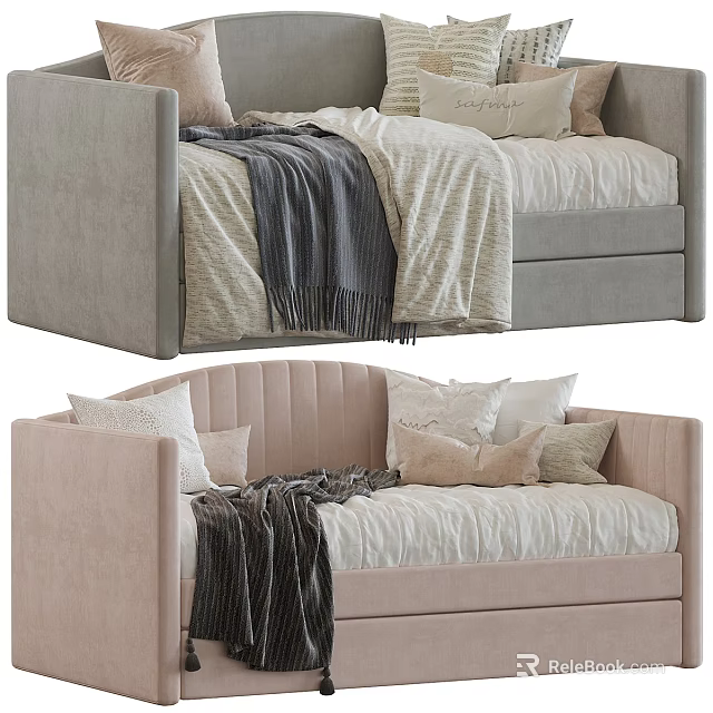 Gray And Pink Sofa Bed Designs With Soft Pillows And Cozy Blankets 3d model