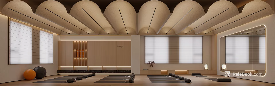 Modern Yoga Fitness Studio With Arched Ceilings Spacious Interior Yoga Mats And Blocks 3d model 