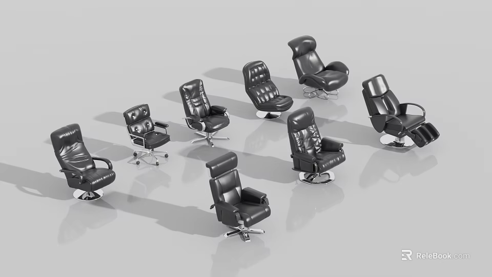 Black Leather Office Chairs Featuring Various Styles High Back Design And Armrests 3d model 