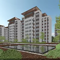 Modern Multi Storey Residential Building Exterior With Lawn Pond And Greenery Trees