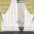 Elegant White Sheer Curtains With Patterned Drapes In Stylish Interior Featuring Green Plants And Table