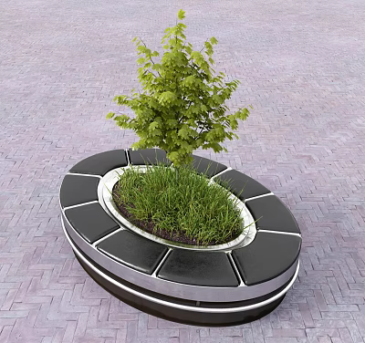 Round Outdoor Chair With Green Plant Grass And Small Tree On Paved Patio 3d model Round Outdoor Chair With Green Plant Grass And Small Tree On Paved Patio 3d model