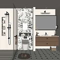 Modern Bathroom Interior Design With Shower Toilet Vanity Floral Wall And Black White Tile Floor
