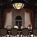 Elegant Classical Dining Room Interior With Wooden Table Chairs Red Curtains And Stained Glass Chandelier