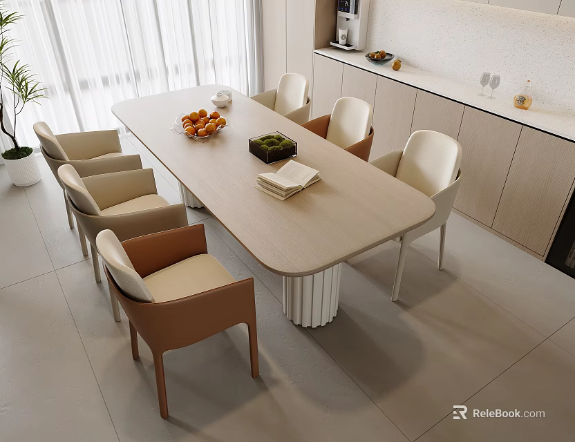 Modern Minimalist Dining Table Set With Beige Chairs Fruit Bowl And Wooden Cabinets 3d model 