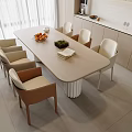 Modern Minimalist Dining Table Set With Beige Chairs Fruit Bowl And Wooden Cabinets