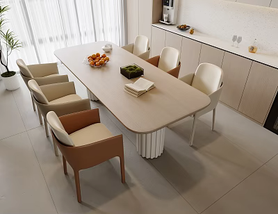 Modern Minimalist Dining Table Set With Beige Chairs Fruit Bowl And Wooden Cabinets 3d model
