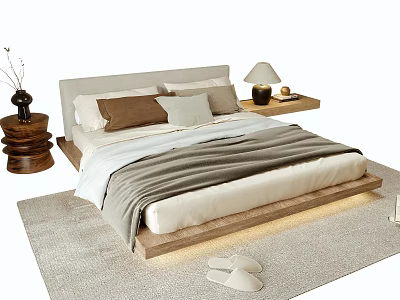 Modern Double Bed with Wooden Frame Upholstered Headboard Pillows and Nightstand Lamp on Soft Rug 3d model