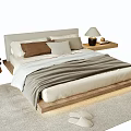 Modern Double Bed with Wooden Frame Upholstered Headboard Pillows and Nightstand Lamp on Soft Rug