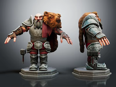 Detailed Fantasy Dwarf Warrior Character With Bear Inspired Armor And Hammer Weapon 3d model