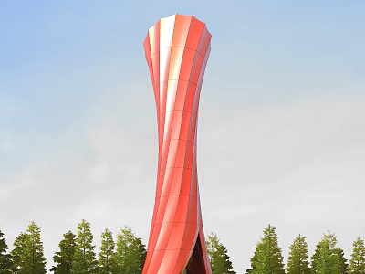 Red Unique Curved Tower Architectural Design Surrounded By Green Trees Under Clear Blue Sky 3d model