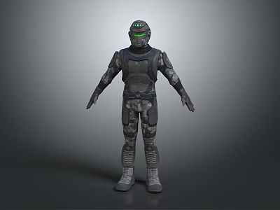 Futuristic Game Movie Character in Dark Armor with Green Glowing Helmet and Sci Fi Gear 3d model
