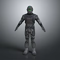Futuristic Game Movie Character in Dark Armor with Green Glowing Helmet and Sci Fi Gear