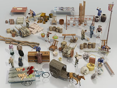 Traditional Road Facilities With Horse Drawn Carriage Wooden Cart And Bicycle In Ancient Market Scene 3d model