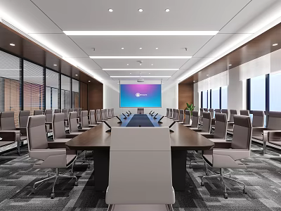 Spacious Modern Meeting Room Interior With Long Conference Table Projection Screen And Comfortable Chairs 3d model