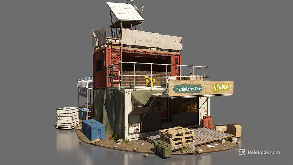 Container Building With Solar Panels Mountaineer Foods Stall And Wooden Crates 3d model 