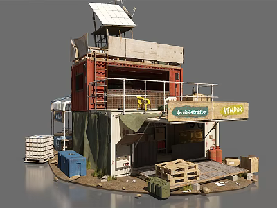 Container Building With Solar Panels Mountaineer Foods Stall And Wooden Crates 3d model