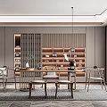 Elegant Modern Chinese Tea Room With Wooden Table Chairs Display Shelves Tea Sets And Books