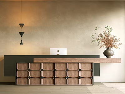 Modern Reception Desk Interior With Wooden Drawer Cabinet Pendant Lights And Vase With Plant 3d model