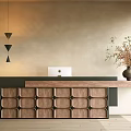 Modern Reception Desk Interior With Wooden Drawer Cabinet Pendant Lights And Vase With Plant