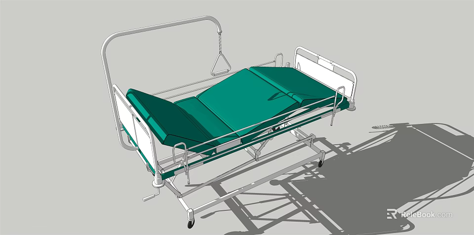 Adjustable Medical Bed With Green Mattress Metal Frame And Wheels For Hospital 3d model 