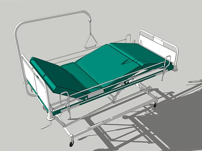 Adjustable Medical Bed With Green Mattress Metal Frame And Wheels For Hospital 3d model