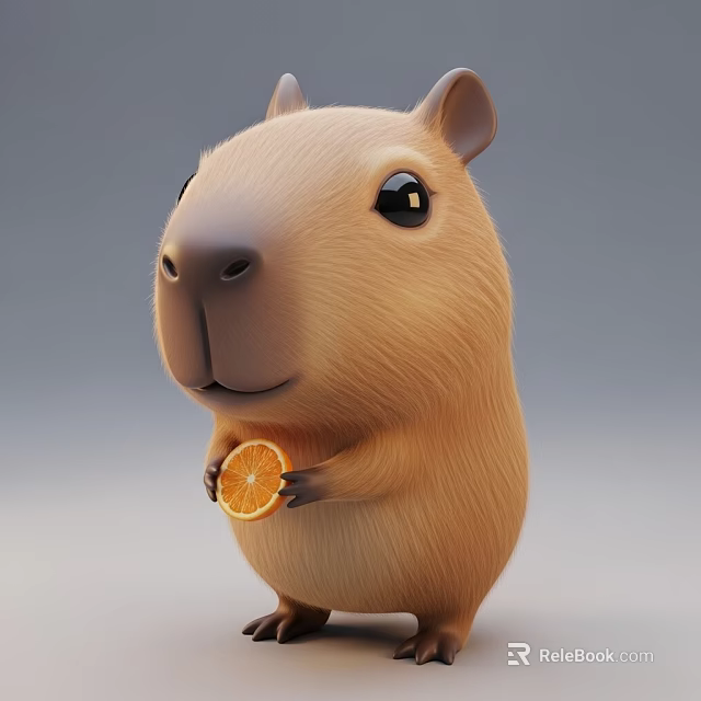 Cute 3D Rendered Capybara Holding Orange Slice On Gray Background 3d model 