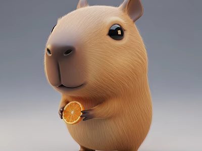 Cute 3D Rendered Capybara Holding Orange Slice On Gray Background 3d model