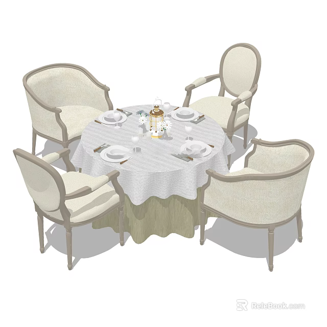 Elegant Round Dining Table Set With Four Light Colored Armchairs And White Tablecloth 3d model 