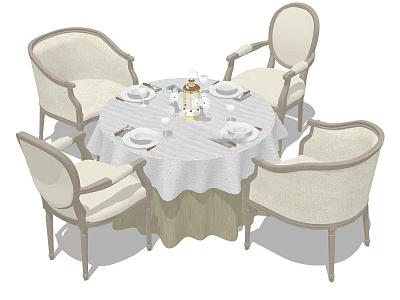 Elegant Round Dining Table Set With Four Light Colored Armchairs And White Tablecloth 3d model