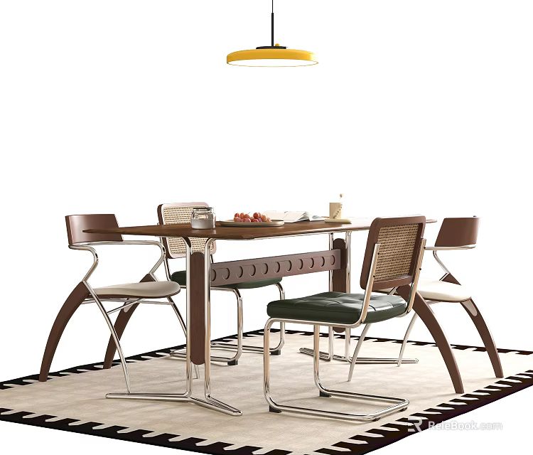 Modern Dining Table Set With Woven Back Chairs Wooden Top Metal Legs And Pendant Light 3d model 