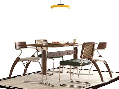 Modern Dining Table Set With Woven Back Chairs Wooden Top Metal Legs And Pendant Light 3d model
