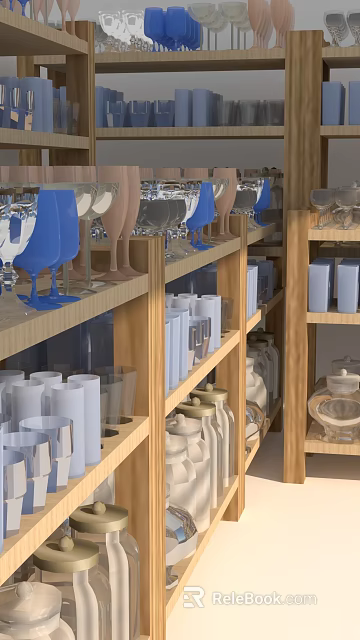 Colorful Glass And Ceramic Cups Neatly Arranged On Wooden Shelf 3d model 