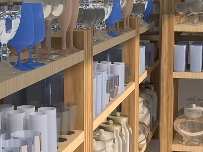 Colorful Glass And Ceramic Cups Neatly Arranged On Wooden Shelf 3d model