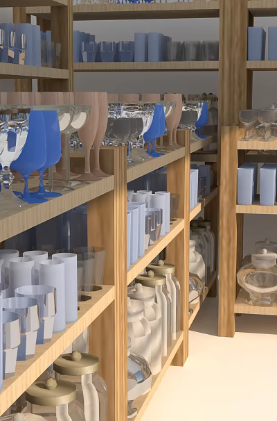 Colorful Glass And Ceramic Cups Neatly Arranged On Wooden Shelf 3d model