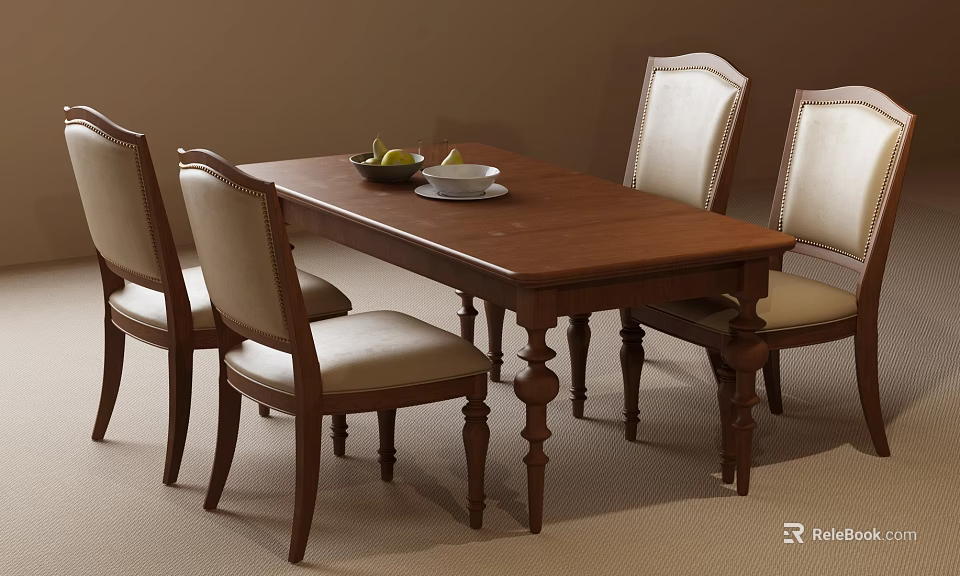 Classic Wooden Dining Table Set With Four Beige Upholstered Chairs And Fruit Plate 3d model 