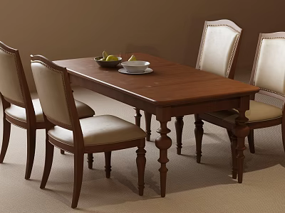 Classic Wooden Dining Table Set With Four Beige Upholstered Chairs And Fruit Plate 3d model