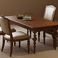 Classic Wooden Dining Table Set With Four Beige Upholstered Chairs And Fruit Plate