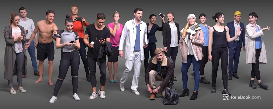 Diverse Group of People in Different Outfits Engaged in Various Activities Including Professional Casual Wear 3d model 