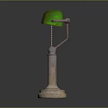 Two Vintage Table Lamps With Green Lampshades And Contrasting Metallic Aged Bases