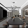 Modern Open Plan Living And Dining Room With Unique Lighting And Elegant Warm Interior Design