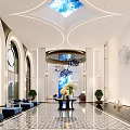 Modern Luxury Hotel Lobby Interior Design With Stunning Artistic Chandelier And Polished Marble Mosaic Flooring