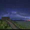 Ancient Great Wall Architecture With Watchtower Under Starry Sky And Milky Way
