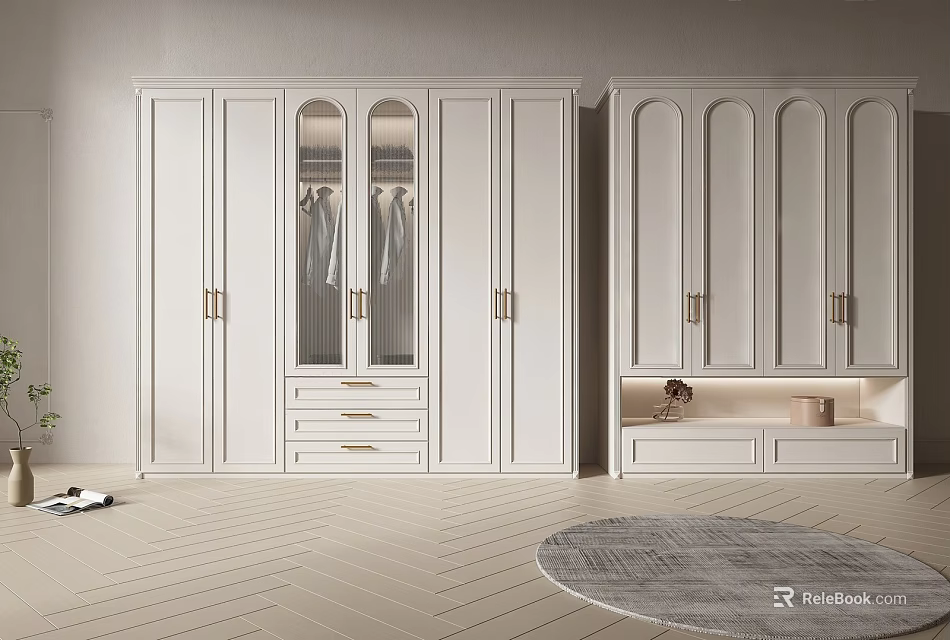 Elegant Modern White Wardrobe With Glass Doors Brass Handles And Storage Drawers 3d model 