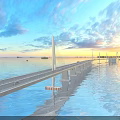Grand Modern Cable Stayed Sea Crossing Highway Bridge Spanning Calm Ocean Under Beautiful Sunset Sky