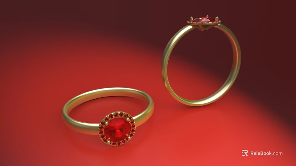 Exquisite Pair of Gold Rings with Red Gemstone Center and Delicate Encrusted Accents 3d model 