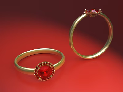 Exquisite Pair of Gold Rings with Red Gemstone Center and Delicate Encrusted Accents 3d model